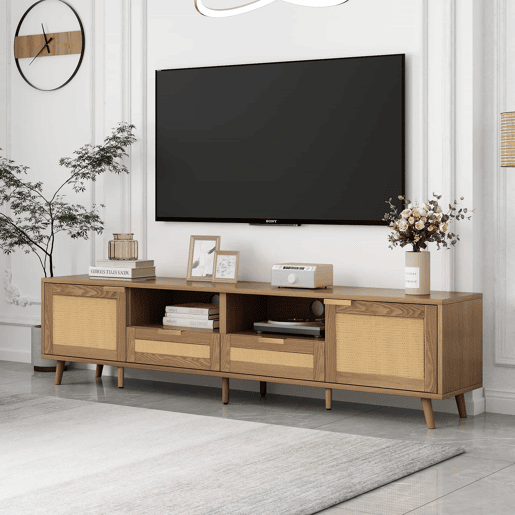 Suporte para TV 200x37x49 cm - Design em rattan, pés em madeira maciça - Cor natural Suporte para TV 200x37x49 cm - Design em rattan, pés em madeira maciça - Cor natural