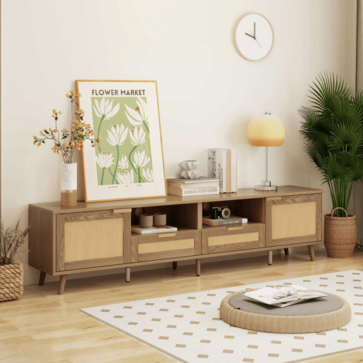 Suporte para TV 200x37x49 cm - Design em rattan, pés em madeira maciça - Cor natural Suporte para TV 200x37x49 cm - Design em rattan, pés em madeira maciça - Cor natural