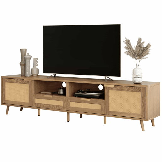 Suporte para TV 200x37x49 cm - Design em rattan, pés em madeira maciça - Cor natural Suporte para TV 200x37x49 cm - Design em rattan, pés em madeira maciça - Cor natural