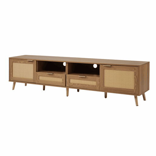 Suporte para TV 200x37x49 cm - Design em rattan, pés em madeira maciça - Cor natural Suporte para TV 200x37x49 cm - Design em rattan, pés em madeira maciça - Cor natural