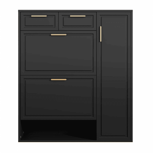 Sapateira moderna 95x24x107 cm - com prateleiras ajustáveis, puxadores dourados, gavetas e portas - Preto