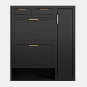 Sapateira moderna 95x24x107 cm - com prateleiras ajustáveis, puxadores dourados, gavetas e portas - Preto