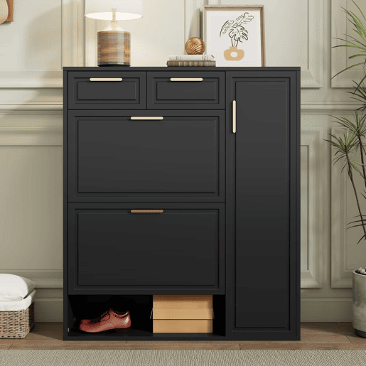 Sapateira moderna 95x24x107 cm - com prateleiras ajustáveis, puxadores dourados, gavetas e portas - Preto
