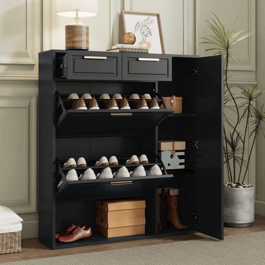 Sapateira moderna 95x24x107 cm - com prateleiras ajustáveis, puxadores dourados, gavetas e portas - Preto