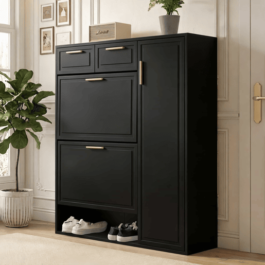 Sapateira moderna 95x24x107 cm - com prateleiras ajustáveis, puxadores dourados, gavetas e portas - Preto