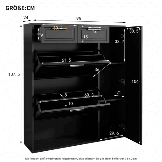 Sapateira moderna 95x24x107 cm - com prateleiras ajustáveis, puxadores dourados, gavetas e portas - Preto