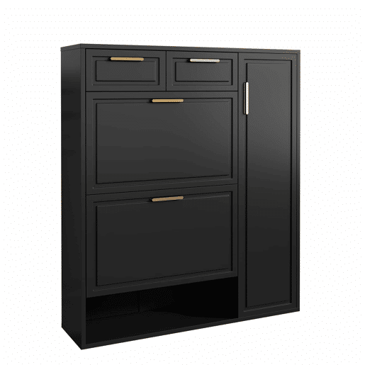 Sapateira moderna 95x24x107 cm - com prateleiras ajustáveis, puxadores dourados, gavetas e portas - Preto