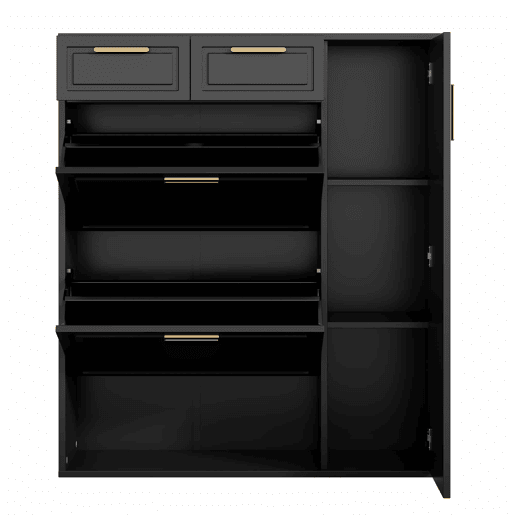 Sapateira moderna 95x24x107 cm - com prateleiras ajustáveis, puxadores dourados, gavetas e portas - Preto