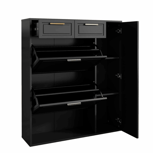 Sapateira moderna 95x24x107 cm - com prateleiras ajustáveis, puxadores dourados, gavetas e portas - Preto