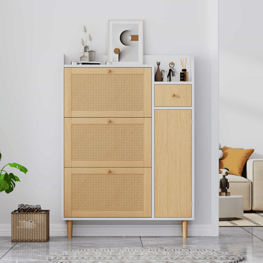 Sapateira em madeira e rotim - 3 portas com dobradiças e 1 gaveta - prateleira ajustável - Natural e branco