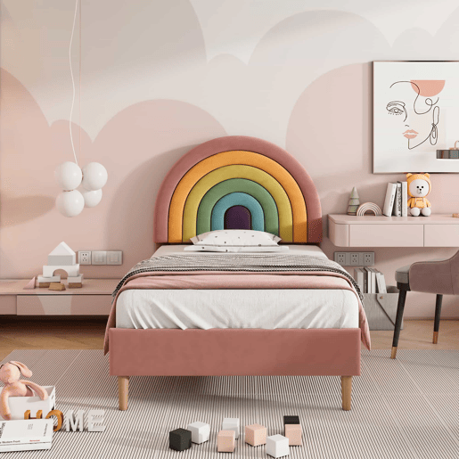 Cama de veludo para criança - 90x200 cm - com cabeceira colorida ajustável - Rosa
