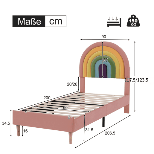 Cama de veludo para criança - 90x200 cm - com cabeceira colorida ajustável - Rosa