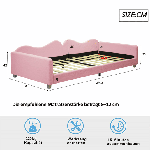 Sofá-cama 90x200 cm em tecido felpudo francês - com estrado de molas - Rosa Sofá-cama 90x200 cm em tecido felpudo francês - com estrado de molas - Rosa