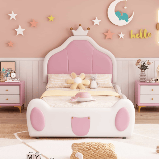 Cama de criança 90x200 cm em pele sintética - cabeceira com moldura no teto - Branco