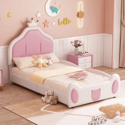 Cama de criança 90x200 cm em pele sintética - cabeceira com moldura no teto - Branco