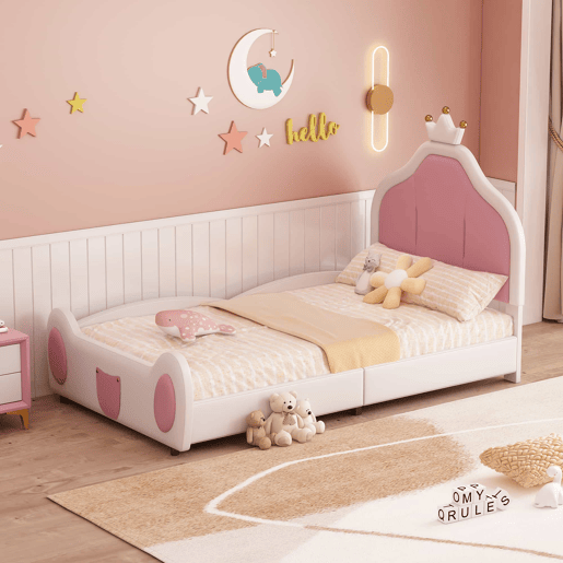 Cama de criança 90x200 cm em pele sintética - cabeceira com moldura no teto - Branco