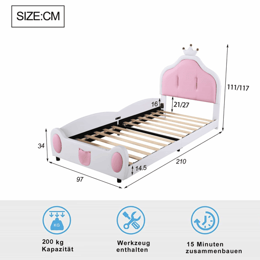 Cama de criança 90x200 cm em pele sintética - cabeceira com moldura no teto - Branco