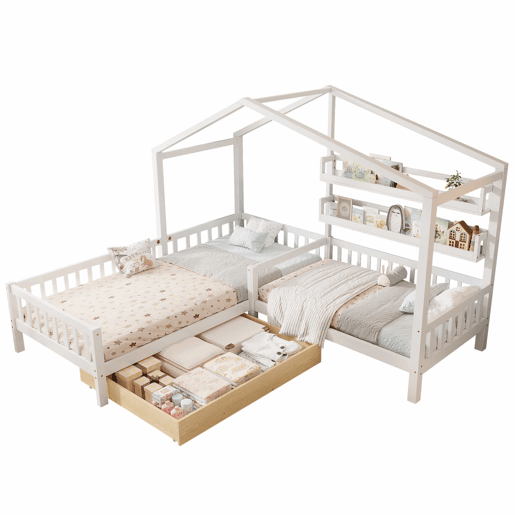 Cama de cabina 90x200cm + 140x70cm em madeira maciça - com gavetas e prateleiras + estrado - Branco