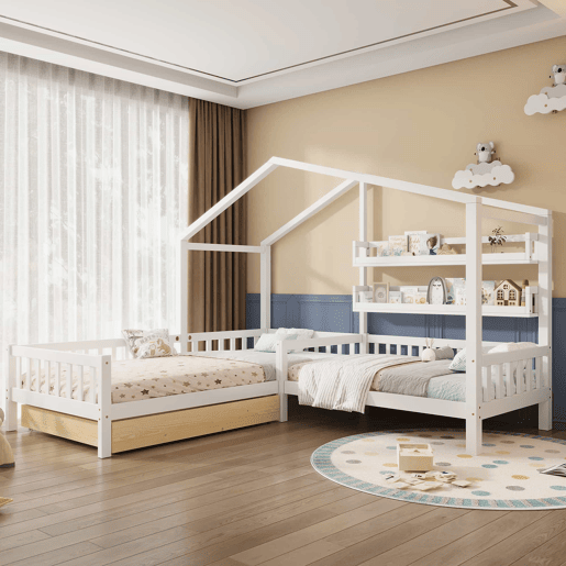 Cama de cabina 90x200cm + 140x70cm em madeira maciça - com gavetas e prateleiras + estrado - Branco