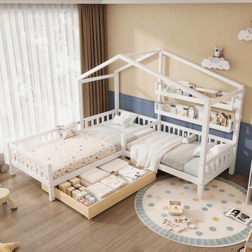 Cama de cabina 90x200cm + 140x70cm em madeira maciça - com gavetas e prateleiras + estrado - Branco