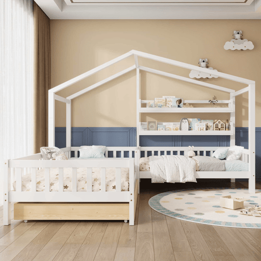 Cama de cabina 90x200cm + 140x70cm em madeira maciça - com gavetas e prateleiras + estrado - Branco
