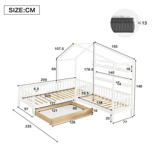 Cama de cabina 90x200cm + 140x70cm em madeira maciça - com gavetas e prateleiras + estrado - Branco