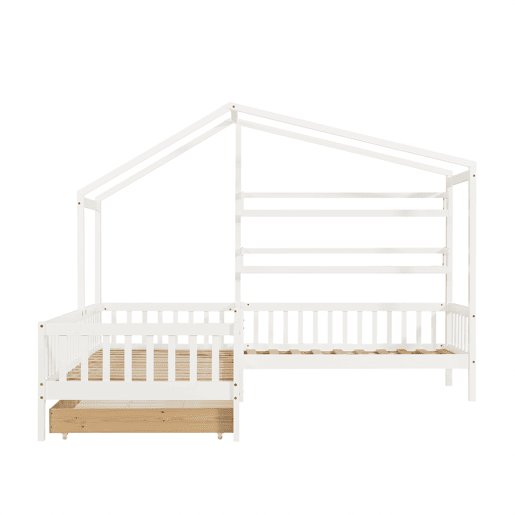Cama de cabina 90x200cm + 140x70cm em madeira maciça - com gavetas e prateleiras + estrado - Branco