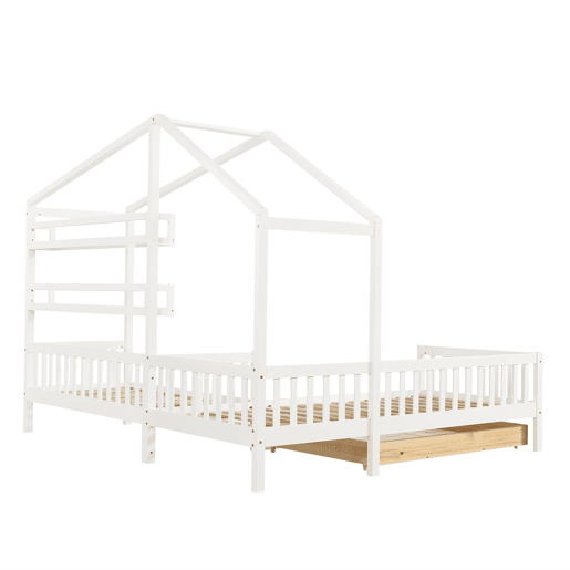 Cama de cabina 90x200cm + 140x70cm em madeira maciça - com gavetas e prateleiras + estrado - Branco