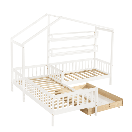 Cama de cabina 90x200cm + 140x70cm em madeira maciça - com gavetas e prateleiras + estrado - Branco