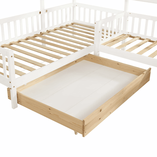 Cama de cabina 90x200cm + 140x70cm em madeira maciça - com gavetas e prateleiras + estrado - Branco