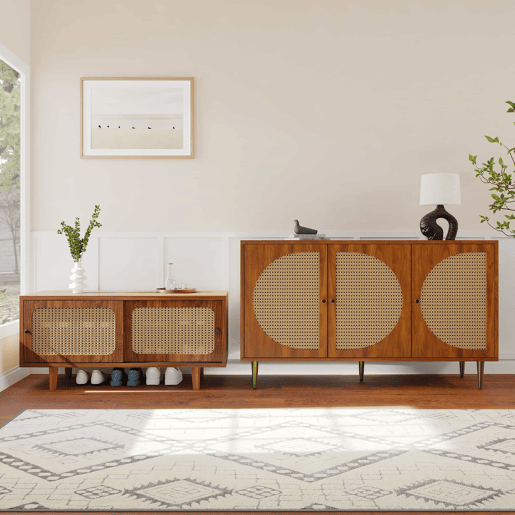 Conjunto de móveis para sala de estar - Combinação de cômoda de rattan e sapateira, cor nogal