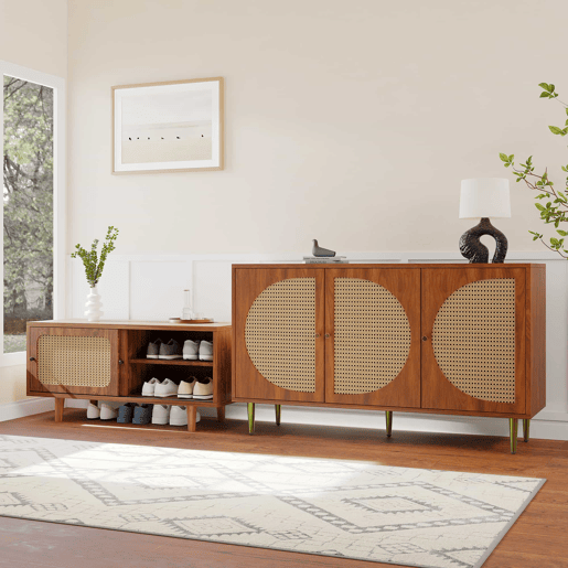 Conjunto de móveis para sala de estar - Combinação de cômoda de rattan e sapateira, cor nogal