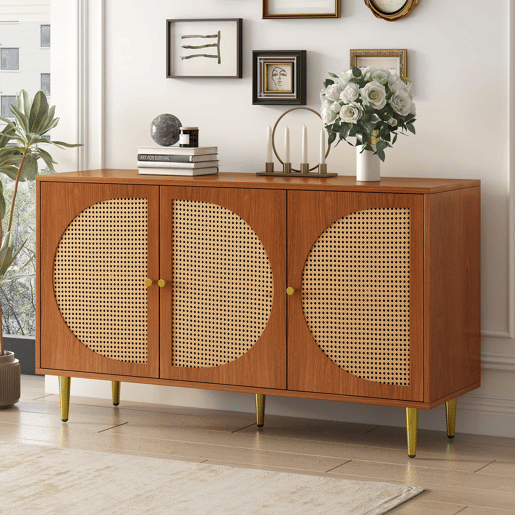 Conjunto de móveis para sala de estar - Combinação de cômoda de rattan e sapateira, cor nogal