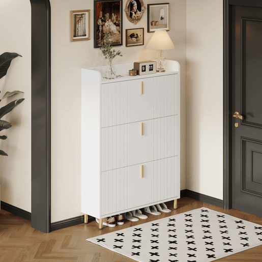 Sapateira estreita 80x23,5x123,5 cm - 3 portas, 6 compartimentos, ajustável, com dispositivo anti-capotamento - Branco Sapateira estreita 80x23,5x123,5 cm - 3 portas, 6 compartimentos, ajustável, com dispositivo anti-capotamento - Branco
