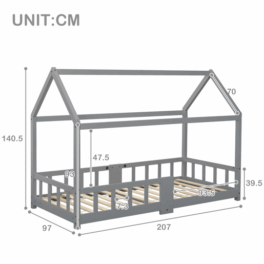 Cabine-cama 90x200 cm em madeira maciça - com ardósia - Cinzento