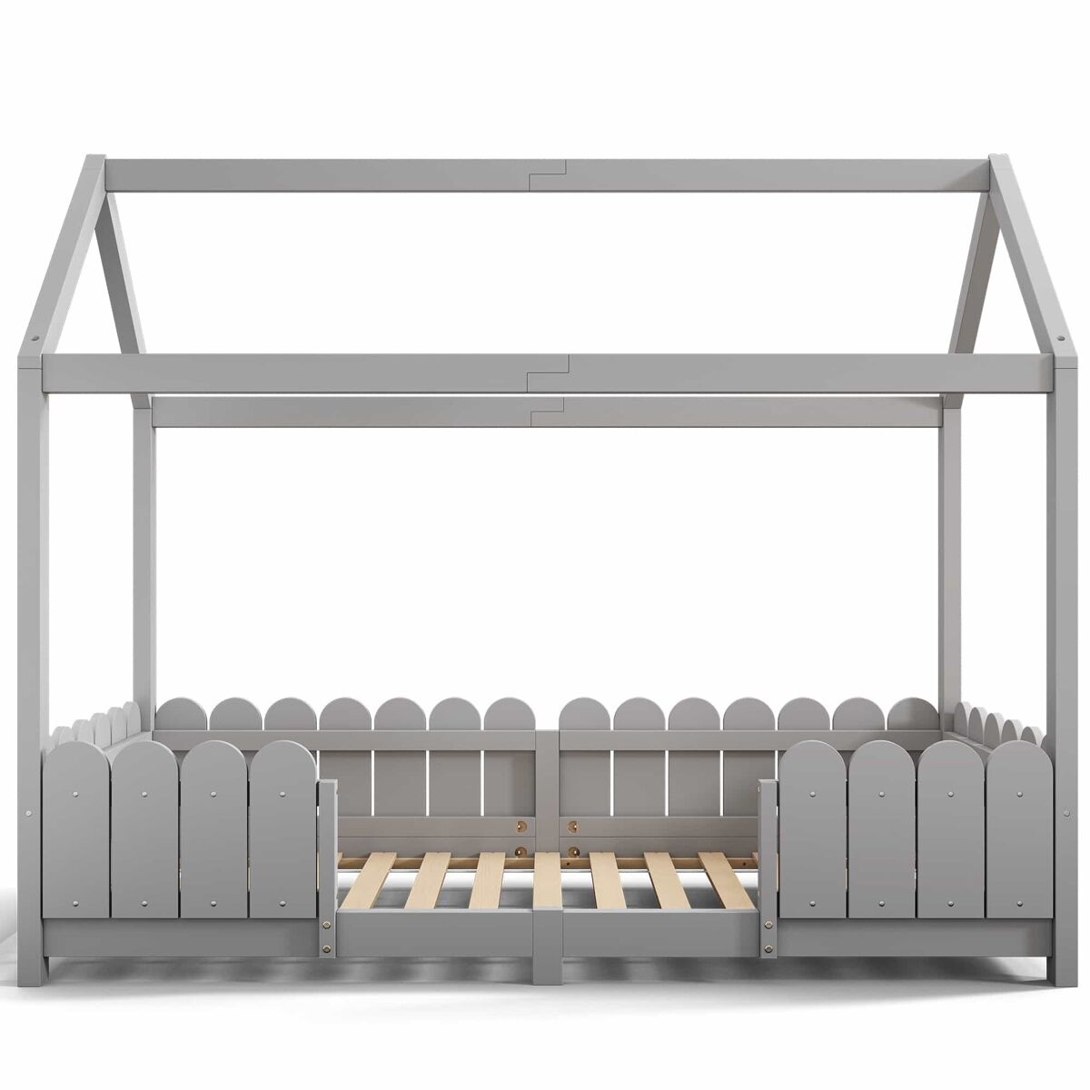 Cama cabina 90x200cm de madera maciza - con protección contra caídas - gris