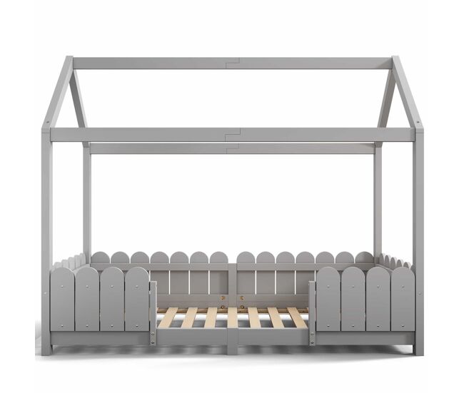 Cama cabina 90x200cm de madera maciza - con protección contra caídas - gris