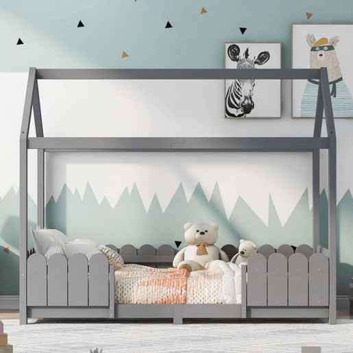 Cama de cabina 90x200cm madeira maciça - com proteção anti-queda - Cinzento