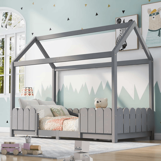 Cama de cabina 90x200cm madeira maciça - com proteção anti-queda - Cinzento