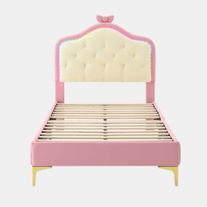 Cama de criança acolchoada com LEDs coloridos e laço na cabeceira - 90x200cm - com estrado de molas - Rosa