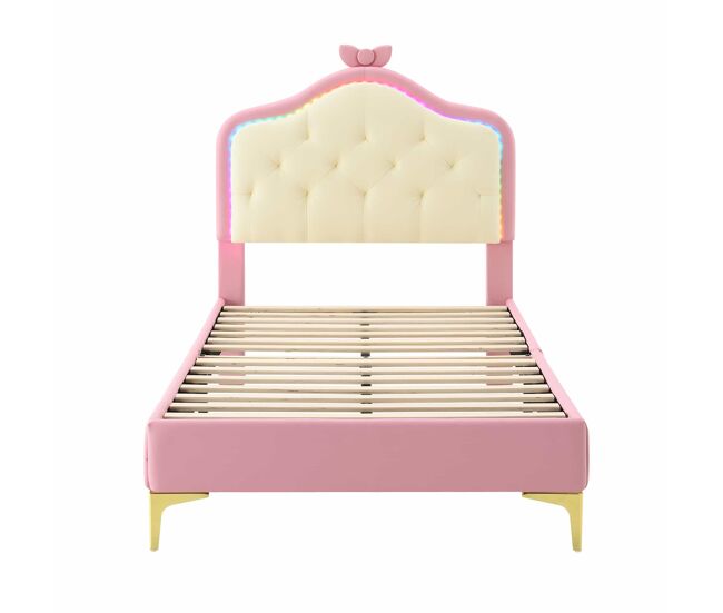 Cama infantil acolchada con led de colores y lazo en el cabecero - de polipiel - 90x200cm - con somier - rosa