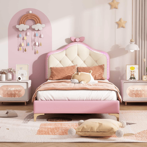 Cama de criança acolchoada com LEDs coloridos e laço na cabeceira - 90x200cm - com estrado de molas - Rosa