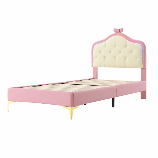 Cama de criança acolchoada com LEDs coloridos e laço na cabeceira - 90x200cm - com estrado de molas - Rosa
