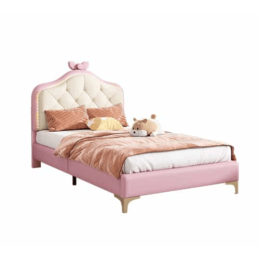 Cama de criança acolchoada com LEDs coloridos e laço na cabeceira - 90x200cm - com estrado de molas - Rosa