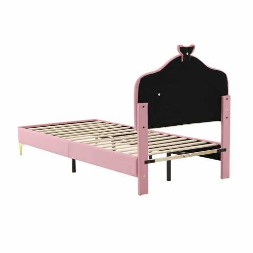 Cama de criança acolchoada com LEDs coloridos e laço na cabeceira - 90x200cm - com estrado de molas - Rosa