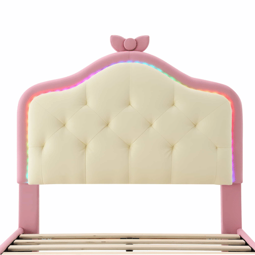 Cama de criança acolchoada com LEDs coloridos e laço na cabeceira - 90x200cm - com estrado de molas - Rosa