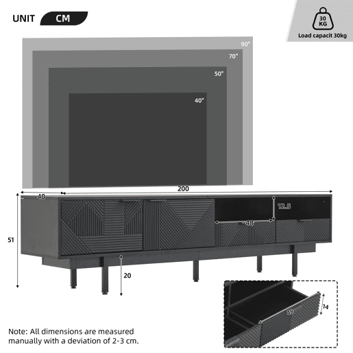Armário TV 200 cm - com 3 compartimentos e 2 gavetas - Capacidade máxima TV 90u201D - Preto Armário TV 200 cm - com 3 compartimentos e 2 gavetas - Capacidade máxima TV 90u201D - Preto