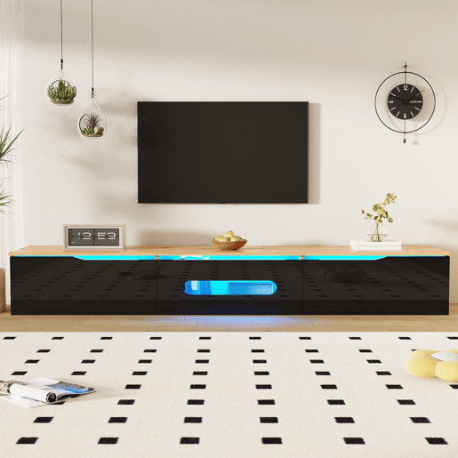 Móvel de TV 180 cm - Superfície de alto brilho, com iluminação LED de 16 cores, montável na parede - Preto, Madeira