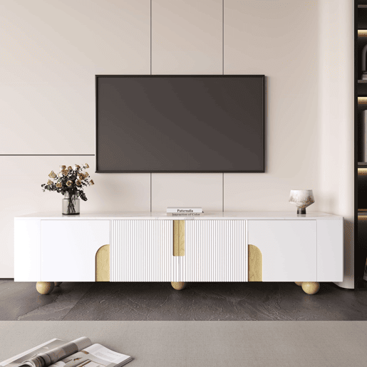 Móvel de TV 180 cm - 4 portas, design elegante, superfície com efeito mármore, pés esféricos de madeira - Branco, Madeira