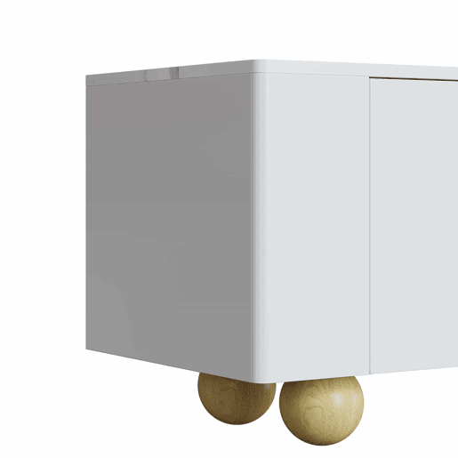 Móvel de TV 180 cm - 4 portas, design elegante, superfície com efeito mármore, pés esféricos de madeira - Branco, Madeira